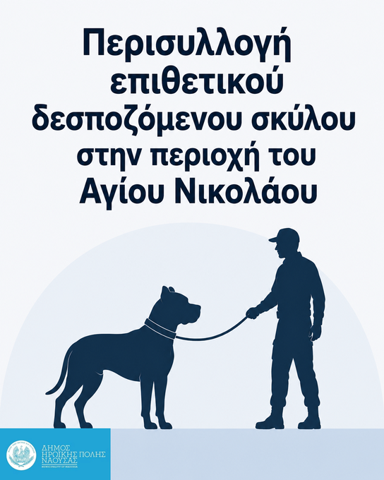 Φωτογραφία Άμεση παρέμβαση του Δήμου Νάουσας για την περισυλλογή επιθετικού δεσποζόμενου σκύλου στην περιοχή του Αγίου Νικολάου